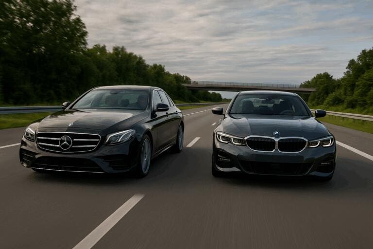 Mercedes i BMW jadące obok siebie na autostradzie