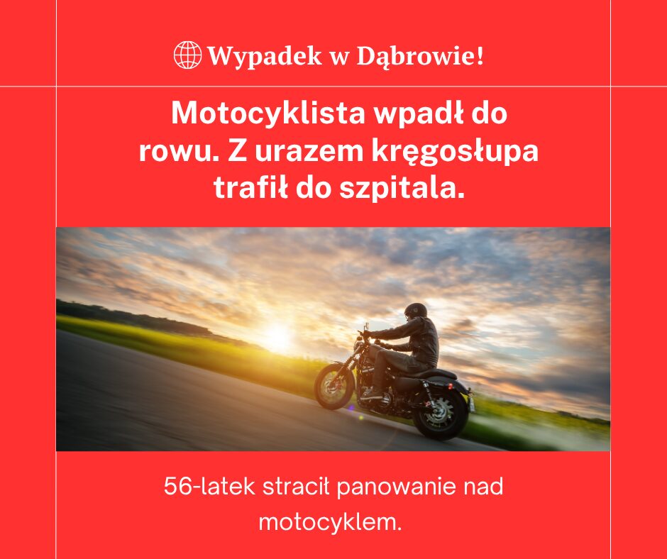 Motocyklista wpadł do rowu. Z urazem kręgosłupa trafił do szpitala