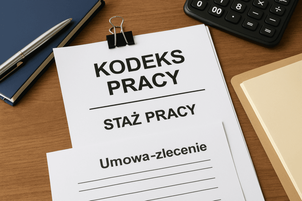 Dokument „Kodeks pracy – Staż pracy” na biurku z notatnikiem, długopisem i kalkulatorem, symbolizujący zmiany w przepisach o stażu pracy.