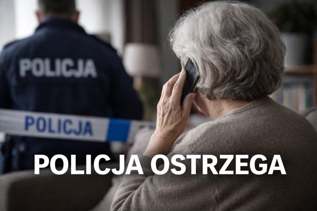 Policja ostrzega przed oszustwem na wnuczkę – seniorka rozmawia przez telefon w domu, twarz niewidoczna
