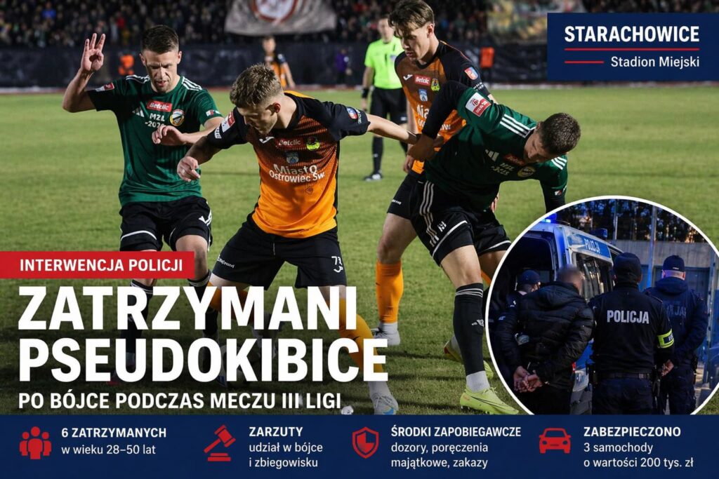 Piłkarze Star Starachowice i KSZO Ostrowiec podczas meczu, grafika z informacją o zatrzymaniu pseudokibiców po bójce na stadionie