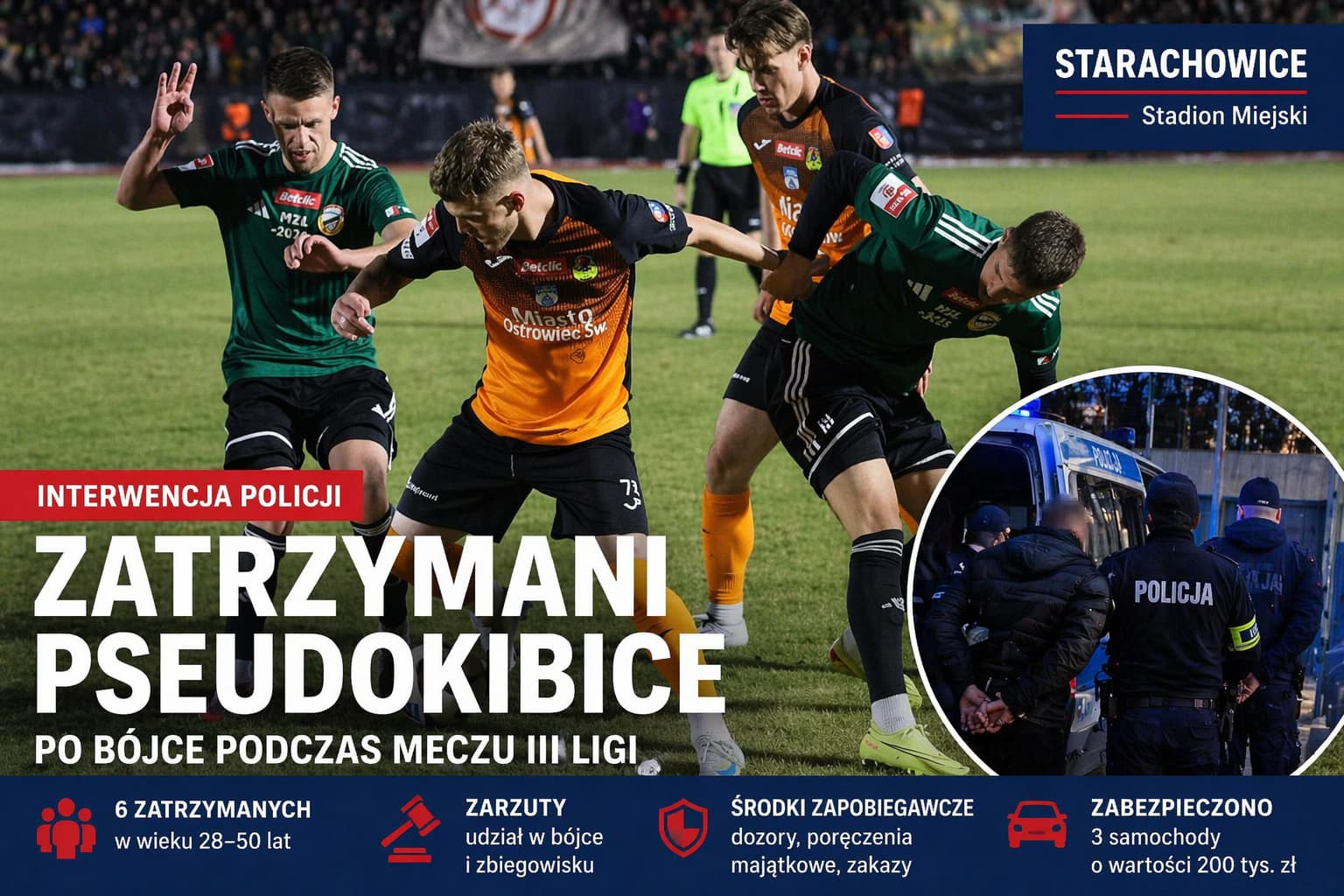 Piłkarze Star Starachowice i KSZO Ostrowiec podczas meczu, grafika z informacją o zatrzymaniu pseudokibiców po bójce na stadionie