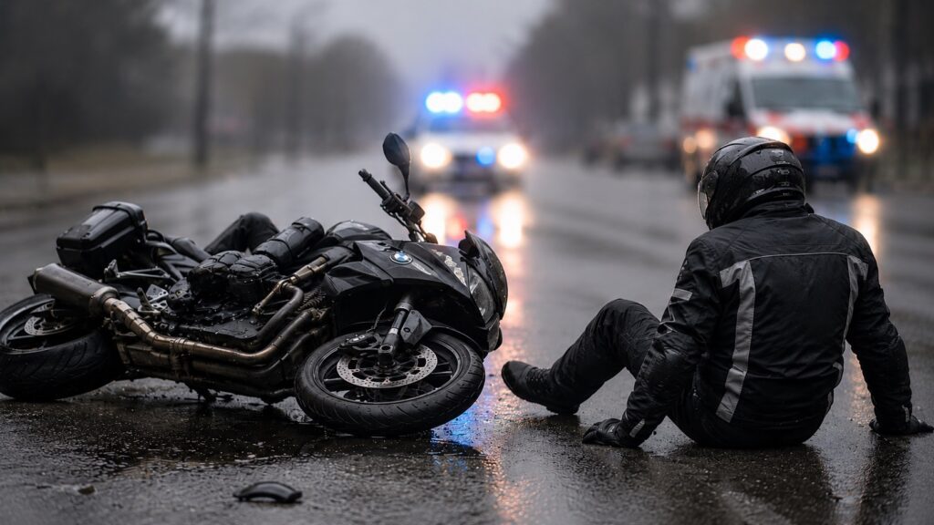Motocyklista po zdarzeniu drogowym na mokrej ulicy w Starachowicach