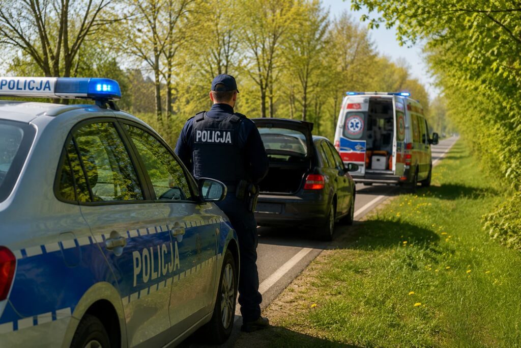 Policjant i karetka przy samochodzie na poboczu drogi podczas interwencji w maju