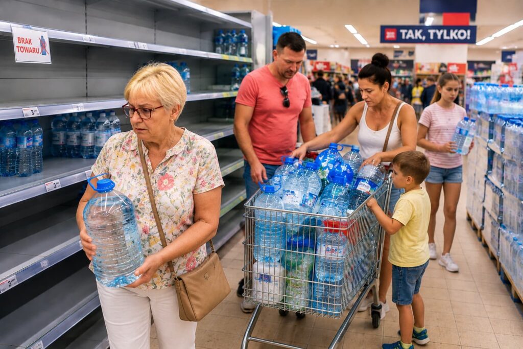 Mieszkańcy Starachowic kupują wodę butelkowaną w sklepie po informacji o skażeniu wody w sieci wodociągowej