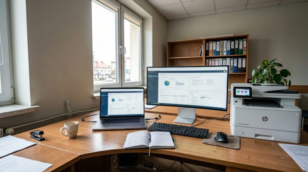 Sprzęt komputerowy dla firm: laptop, monitor i drukarka na biurku w biurze