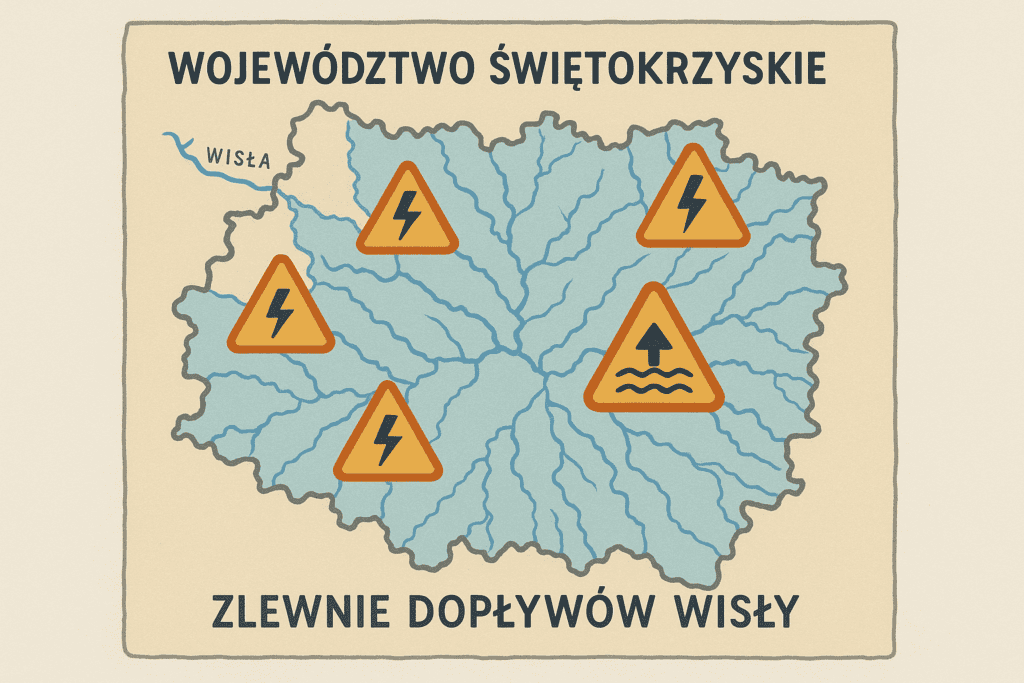 Mapa województwa świętokrzyskiego z ostrzeżeniem hydrologicznym IMGW
