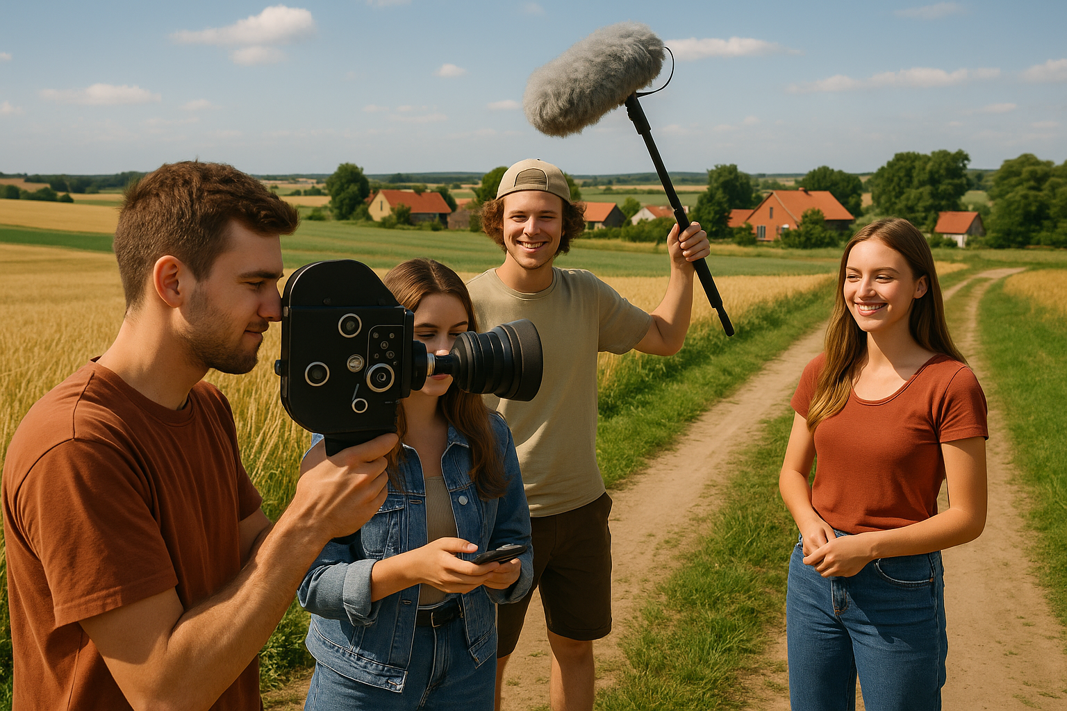 Młodzi filmowcy kręcący film na polskiej wsi