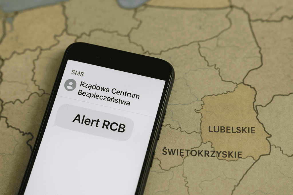 Telefon z alertem RCB na tle mapy Polski