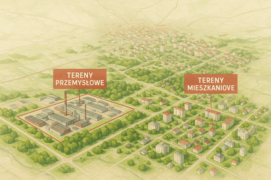 Panorama Starachowic z zaznaczonymi terenami planu ogólnego