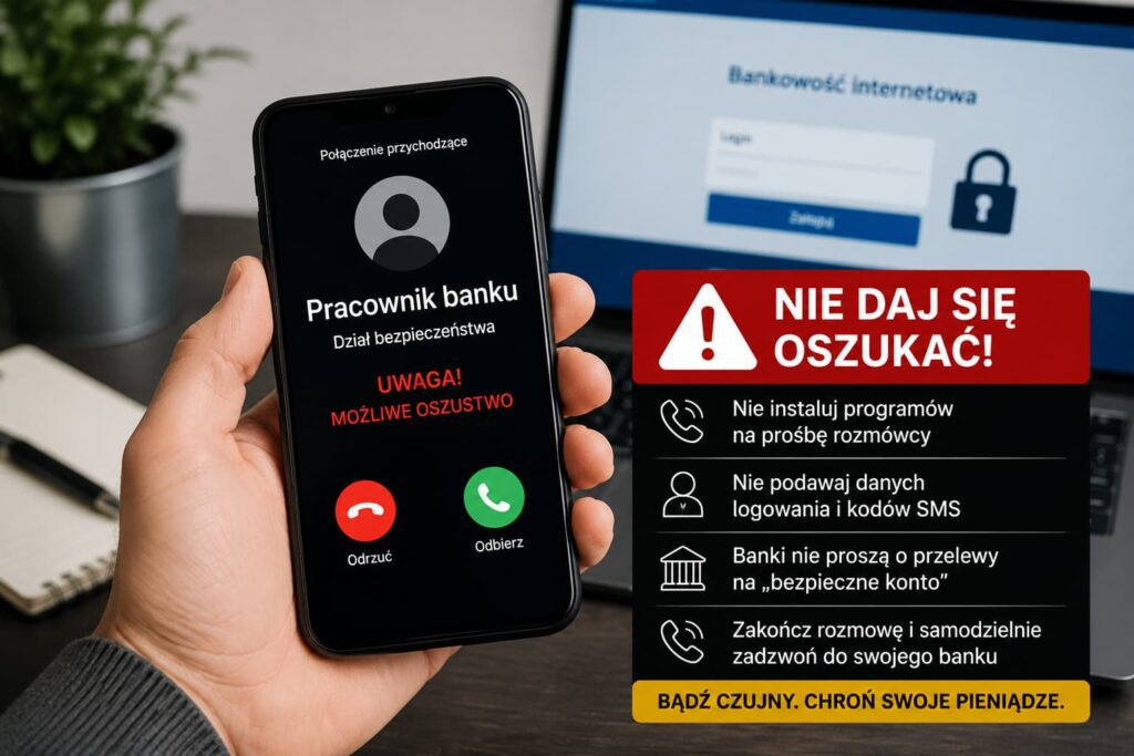 Telefon z połączeniem od rzekomego pracownika banku i ostrzeżeniem przed oszustwem telefonicznym oraz próbą wyłudzenia danych.