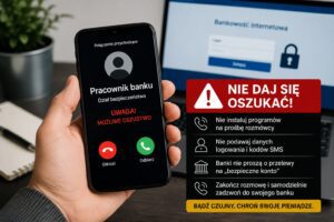 Telefon z połączeniem od rzekomego pracownika banku i ostrzeżeniem przed oszustwem telefonicznym oraz próbą wyłudzenia danych.