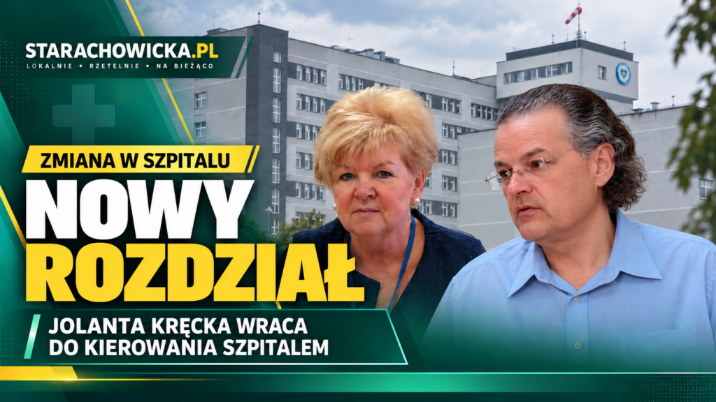 Grafika z dwoma portretami na tle szpitala w Starachowicach i napisem „Jolanta Kręcka wraca do kierowania szpitalem”.