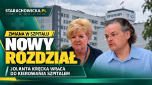 Grafika z dwoma portretami na tle szpitala w Starachowicach i napisem „Jolanta Kręcka wraca do kierowania szpitalem”.