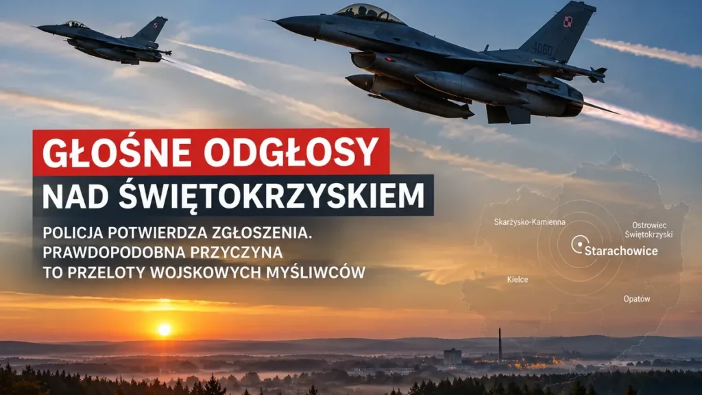Wizualizacja redakcyjna: dwa samoloty wojskowe nad krajobrazem Starachowic; nie przedstawia rzeczywistego zdarzenia.