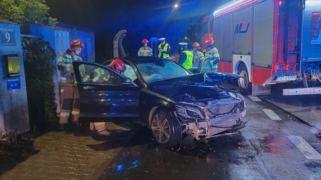 Nocna ulica, ogrodzenie posesji i znak drogowy