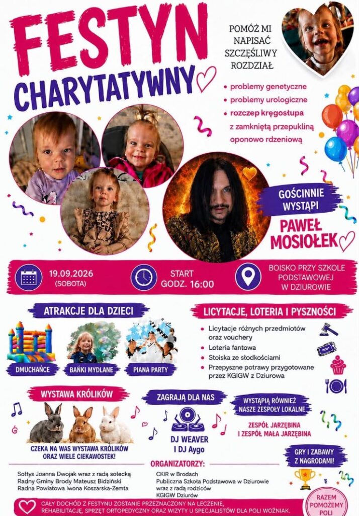 Plakat festynu charytatywnego dla Poli Wóźniak, który odbędzie się 19 września 2026 roku w Dziurowie