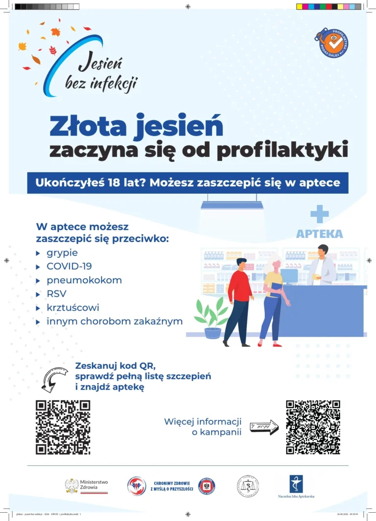 Plakat Jesień bez infekcji z informacją o szczepieniach dla osób pełnoletnich w aptekach i kodami QR.