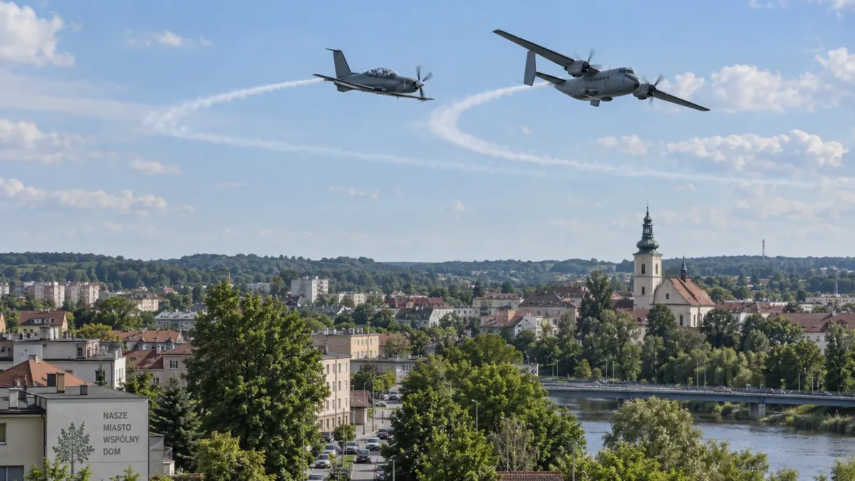 Ilustracja wojskowych samolotów szkoleniowych nad obszarem miejskim