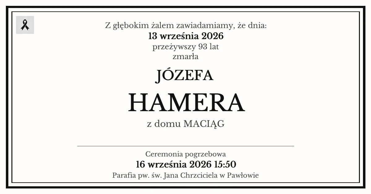 Nekrolog — Józefa Hamera z domu Maciąg