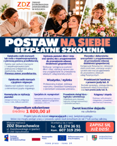 Plakat bezpłatnych szkoleń ZDZ dla kobiet ze zdjęciami związanymi z opieką, kosmetyką i florystyką