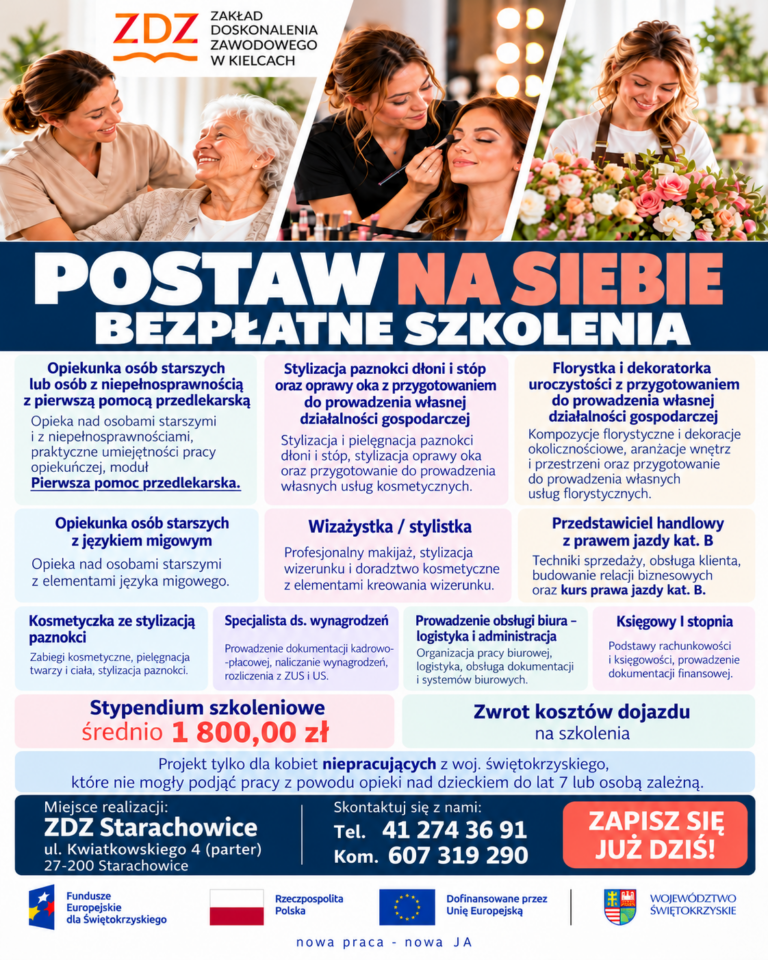 Plakat bezpłatnych szkoleń ZDZ dla kobiet ze zdjęciami związanymi z opieką, kosmetyką i florystyką