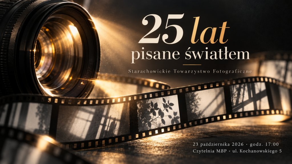 Jubileuszowa grafika z obiektywem, kliszą fotograficzną i napisem „25 lat pisane światłem”