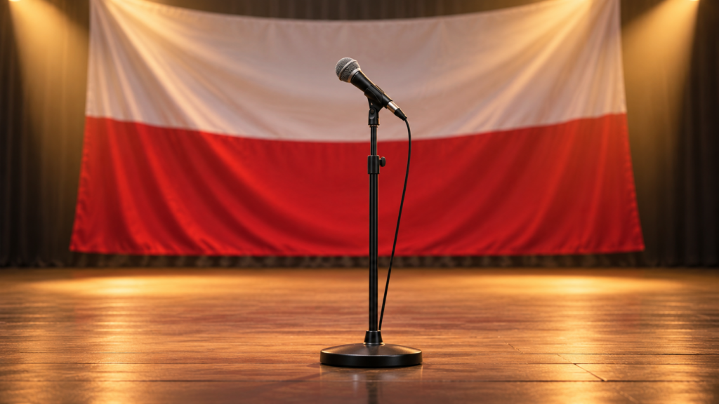 Mikrofon na pustej scenie na tle biało-czerwonej flagi.