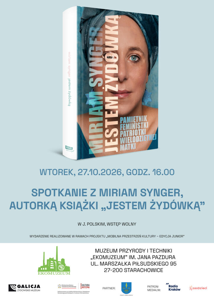 Plakat spotkania z Miriam Synger z okładką książki Jestem Żydówką i datą 27 października, godzina 16
