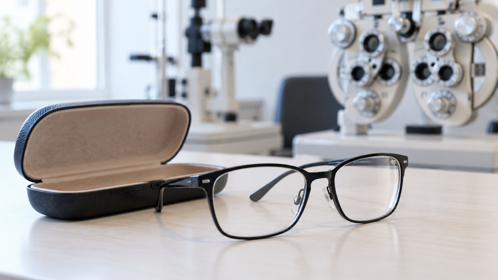 Okulary i otwarte etui na blacie w gabinecie optometrycznym.