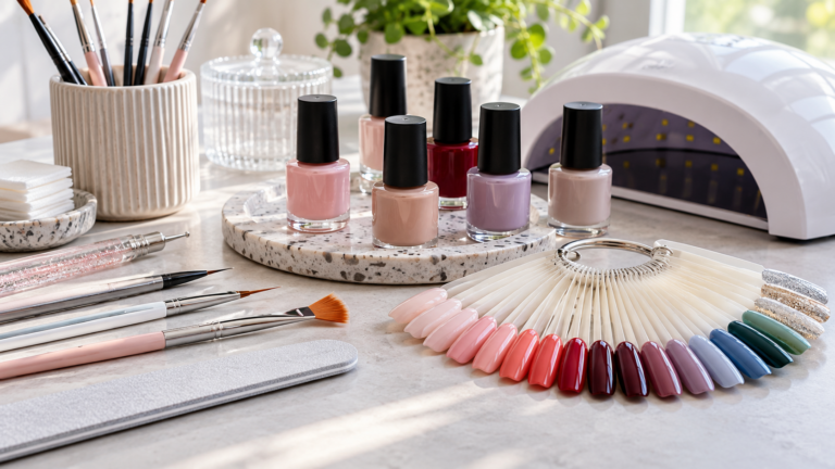 Lakiery, wzornik kolorów, pędzelki i lampa do manicure na jasnym blacie