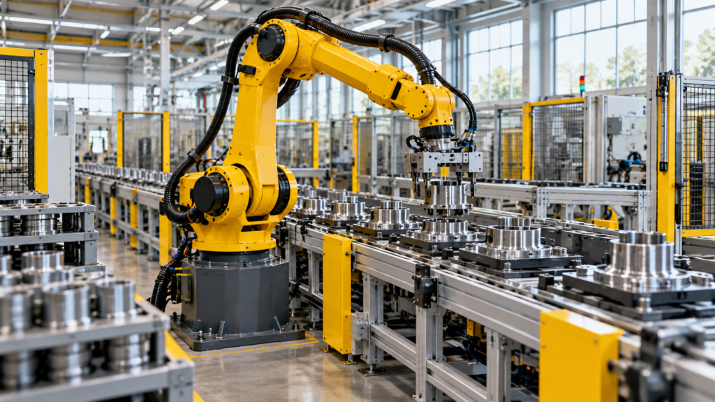 Żółte ramię robota przemysłowego przy linii ze stalowymi częściami w hali produkcyjnej