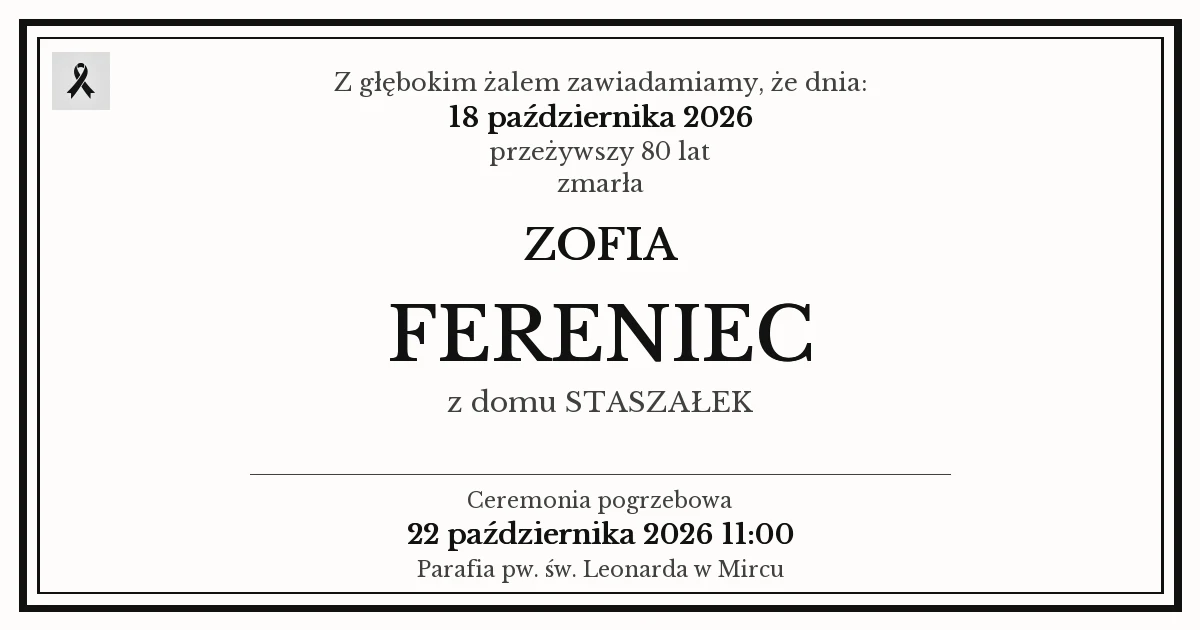 Nekrolog — Zofia Fereniec z domu Staszałek