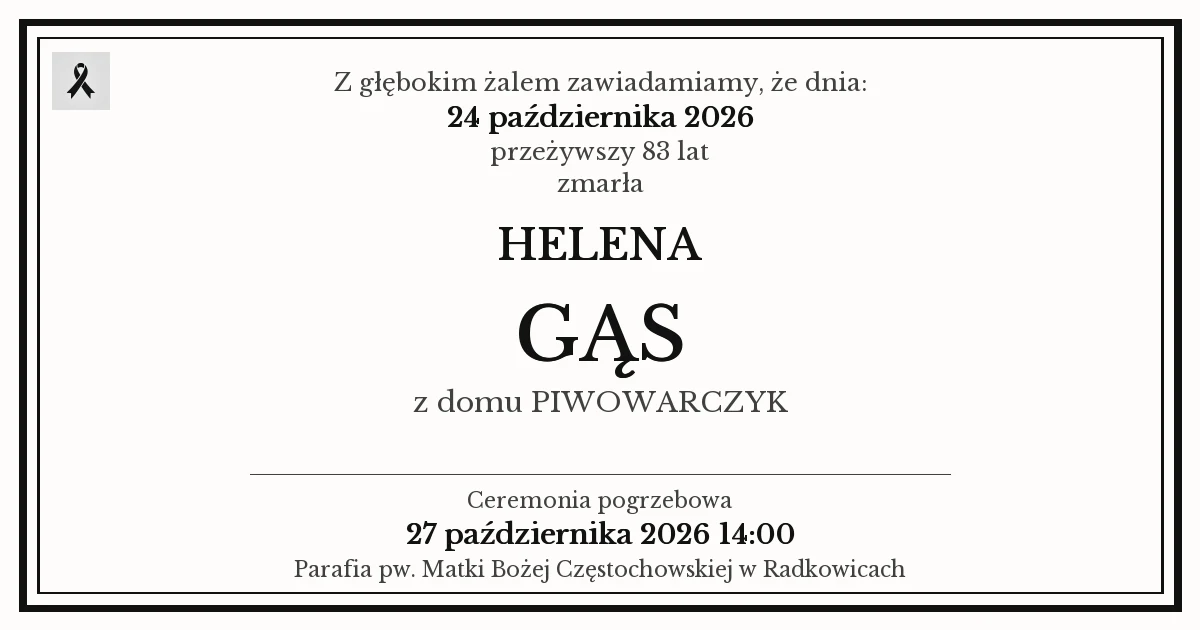 Nekrolog — Helena Gąs z domu Piwowarczyk